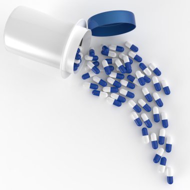 3D hap şişesi üzerinde beyaz dışarı dökülmesini hap