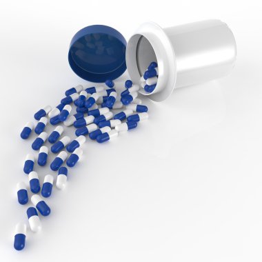 3D hap şişesi üzerinde beyaz dışarı dökülmesini hap