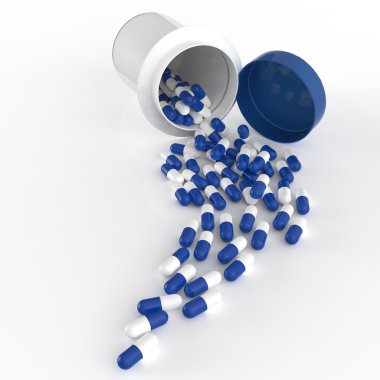 3D hap şişesi üzerinde beyaz dışarı dökülmesini hap