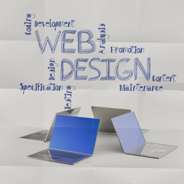 dizüstü bilgisayarı el ile web tasarım simgeler kavram olarak çizilmiş.