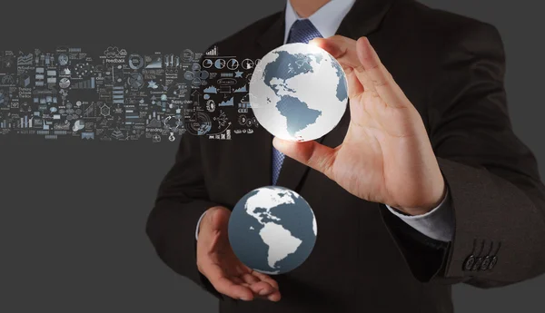 Businessman showing the earth 3d and social network structure a — Stock Photo, Image