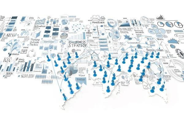 Social network 3d sulla mappa del mondo e strategia aziendale disegnata a mano — Foto Stock