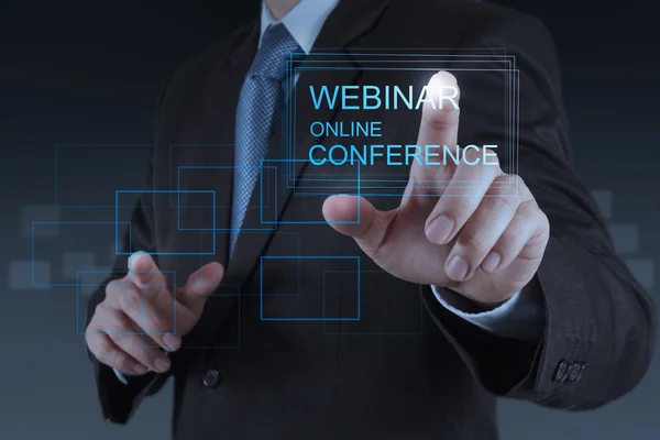 Businessman hand show webinar online conference — Stock Photo, Image