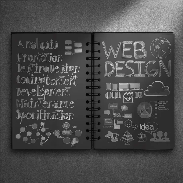 Livre de dessin à la main schéma de conception web arrière-plan comme concept — Photo