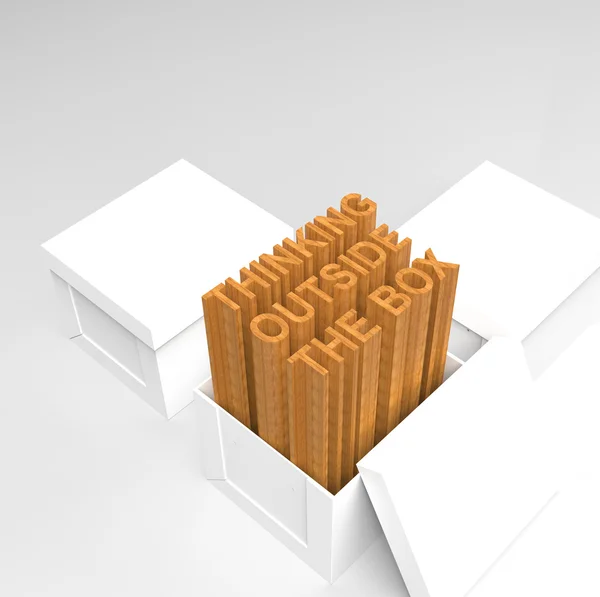 3d caja abierta con texto de extrusión como pensamiento fuera de la caja cóncava — Foto de Stock