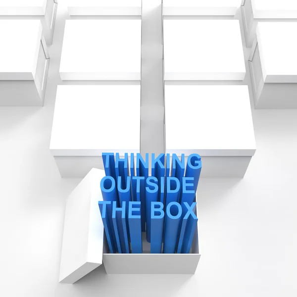 3d open box with extrude text as thinking out the box — стоковое фото