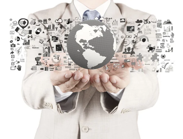 Businessman showing the earth 3d and social network structure as — Stock Photo, Image