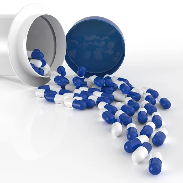 Pills 3d spilling out of pill bottle on white — Stock Photo, Image