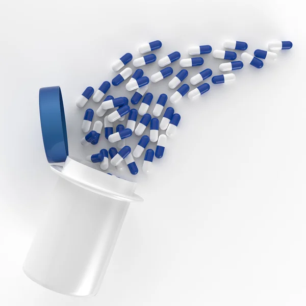 Pills 3d spilling out of pill bottle on white — Stock Photo, Image