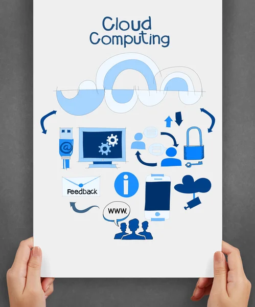 Hand som håller cloud computing nätverk på papper bakgrund affisch — Stockfoto