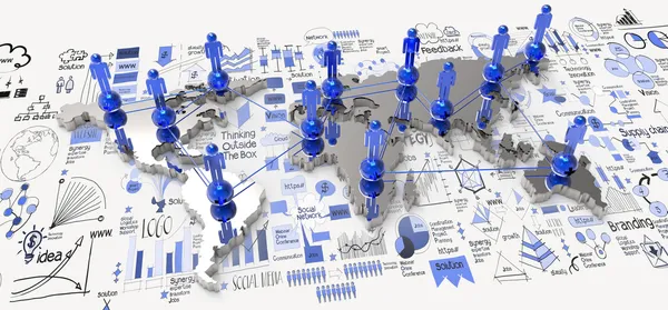 Szociális hálózati 3d a világtérképen, és kézzel rajzolt üzleti stratégia — Stock Fotó