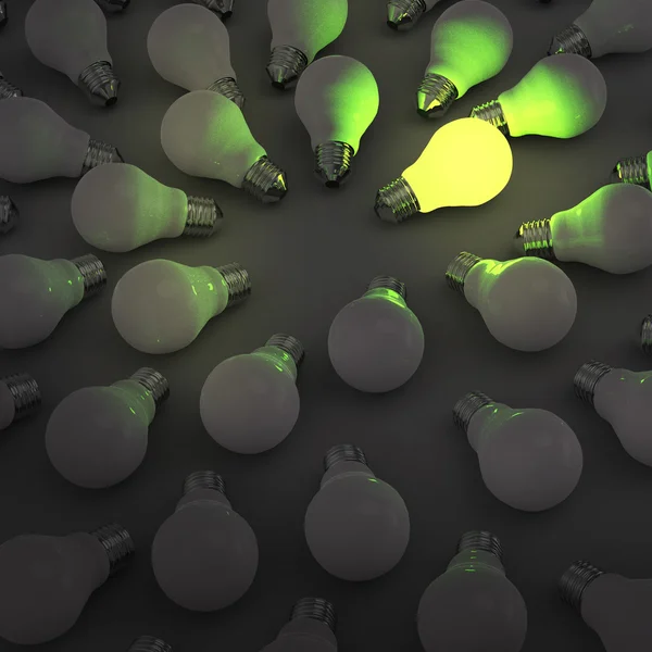 Creative idea and leadership concept with 3d green light bulb — Stock Photo, Image