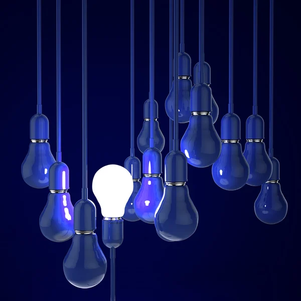 Ideia criativa e conceito de liderança com lâmpada azul 3d — Fotografia de Stock