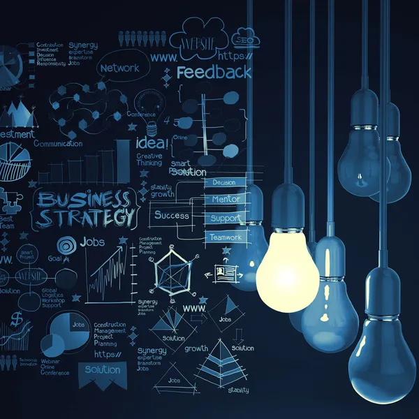 Glödlampa 3d på business strategi bakgrund som begrepp — Stockfoto