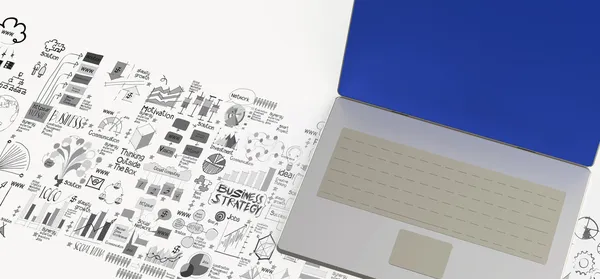 Computer portatile 3d e diagramma aziendale disegnato a mano come concetto — Foto Stock