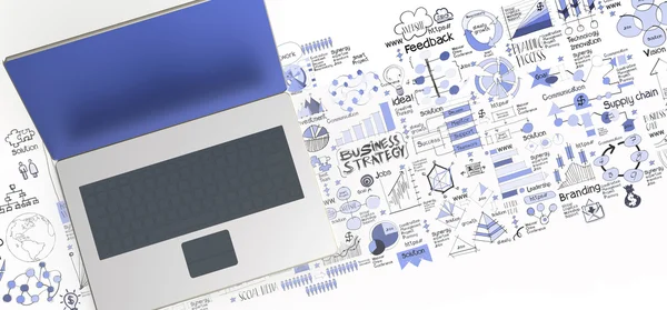 Ordenador portátil 3d y diagrama de negocio dibujado a mano como concepto — Foto de Stock