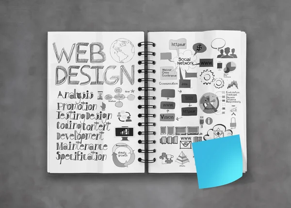 Libro de diseño web dibujado a mano diagrama fondo como concepto —  Fotos de Stock