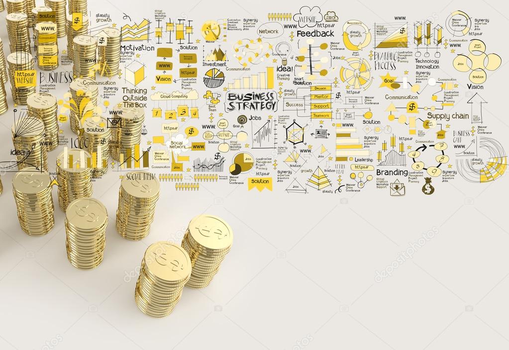 Stack of coins dollar sign 3d and hand drawn business strategy a