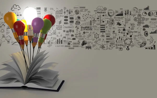 Idea de dibujo lápiz bombilla y estrategia de negocio libro abierto a —  Fotos de Stock