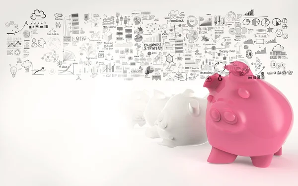 粉红色的小猪银行 3d 和手工绘制的业务战略作为概念 — 图库照片