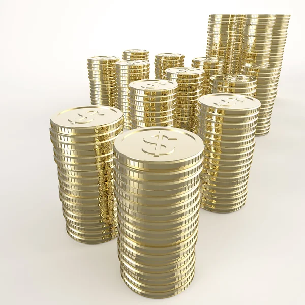 Pilha de moedas dólar sinal 3d no fundo branco — Fotografia de Stock