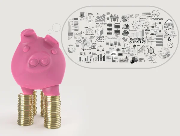 Rosa porquinho banco 3d pé sobre moeda e mão desenhado negócio st — Fotografia de Stock