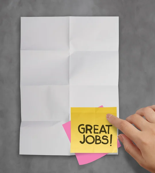 Great job sticky notes on recycle crumpled paper background as c — Stock Photo, Image