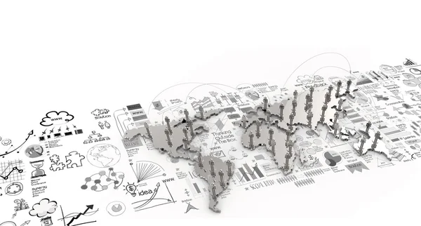 社会网络在世界地图上的人类 3d 和手工绘制的业务 str — 图库照片