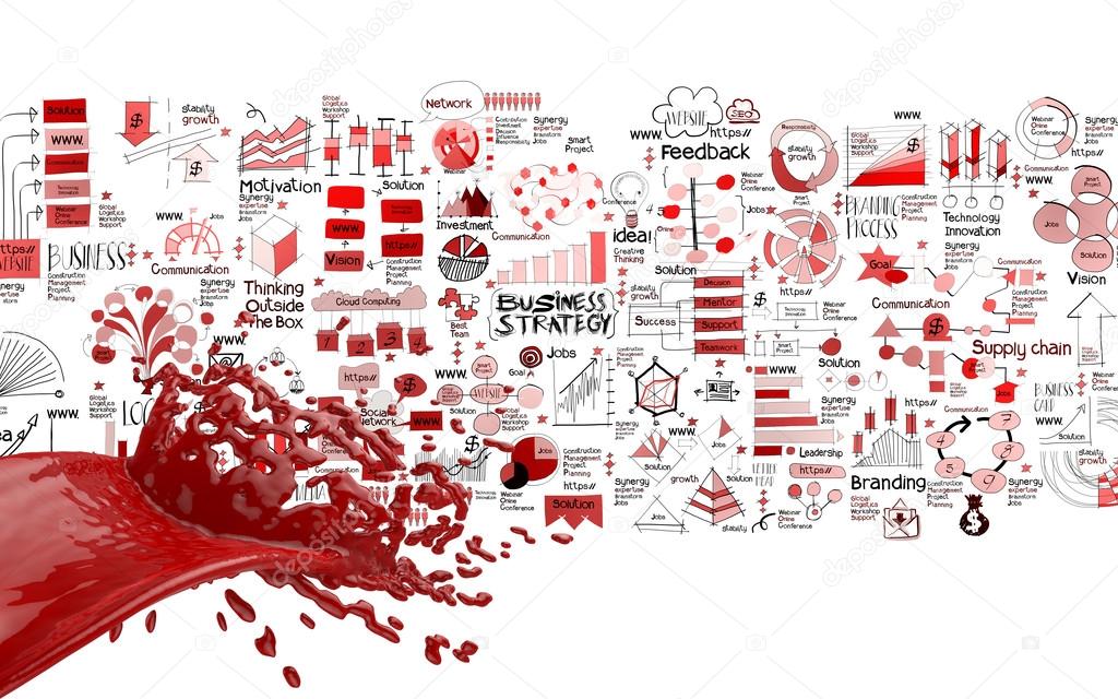 3D paint red color splash and hand drawn business strategy backg