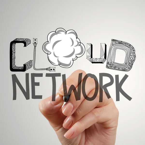 Close up of hand drawing cloud network as concept — Stock Photo, Image