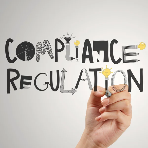 Close of hand pointing to Compliance Regulation designwords as c — Stock Photo, Image