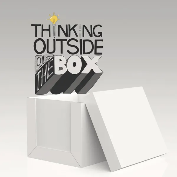 Ανοίξτε το κουτί και 3d σχεδιασμό λέξη σκέψης έξω από το κουτί ως conce — Φωτογραφία Αρχείου