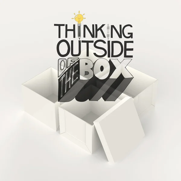 Open box 3D und design word thinking outside the box as conce — Stockfoto