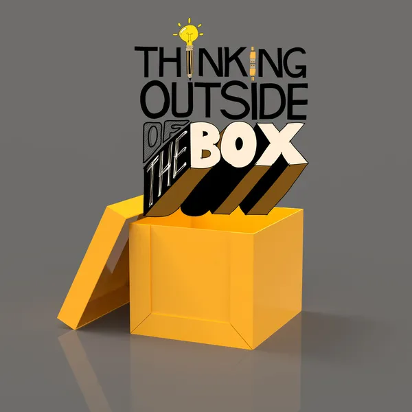 Ανοίξτε το κουτί και 3d σχεδιασμό λέξη σκέψης έξω από το κουτί ως conce — Φωτογραφία Αρχείου