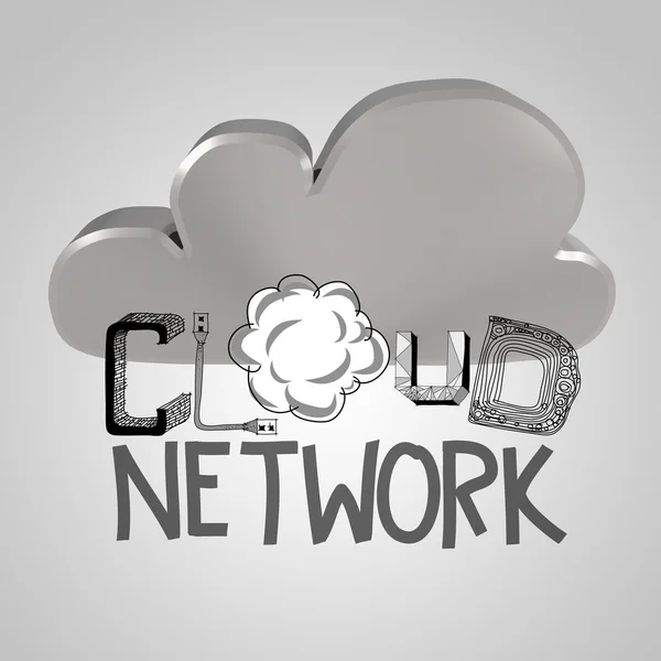 Design word hand drawn CLOUD NETWORK and 3d meatlic cloud sign — Stock Photo, Image