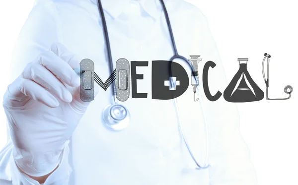 Médico mano dibujo diseño palabra MEDICAL como concepto — Foto de Stock