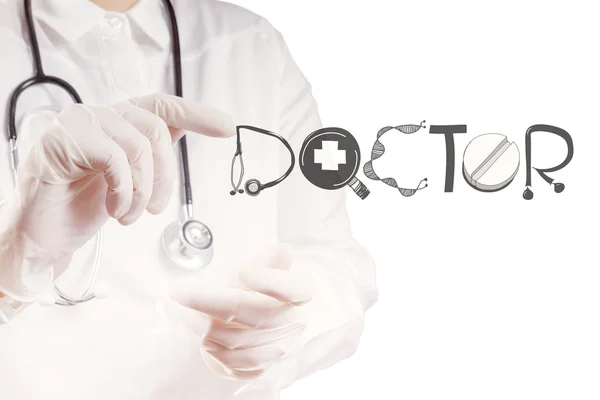 Doctor mano punto para diseñar palabra DOCTOR como concepto — Foto de Stock