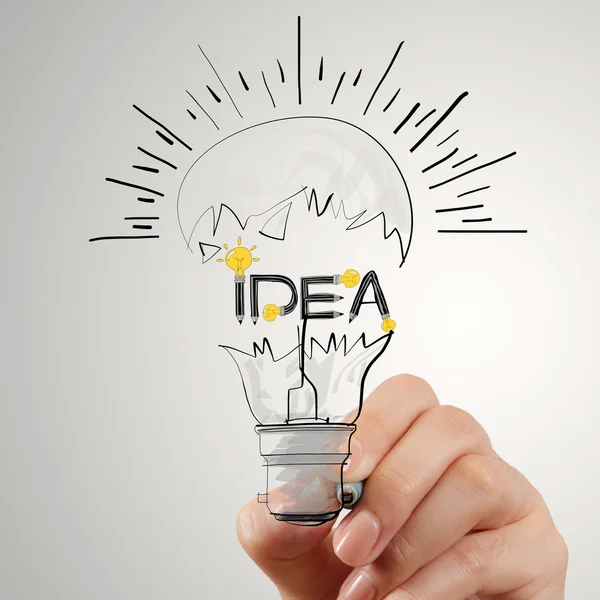Handzeichnung Glühbirne und Ideenwortgestaltung als Konzept — Stockfoto