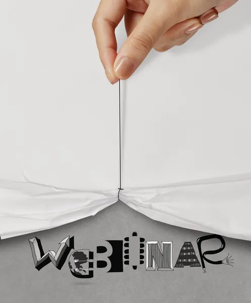 Επιχειρηματικό χέρι τράβηγμα σχοινιού ανοιχτό χαρτί ζαρωμένο εμφάνιση webinar σχεδιασμό — Φωτογραφία Αρχείου