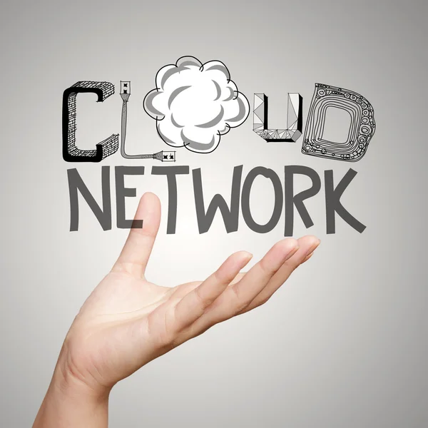 Tasarım grpahic word cloud network co olarak gösterilen el yakın çekim — Stok fotoğraf