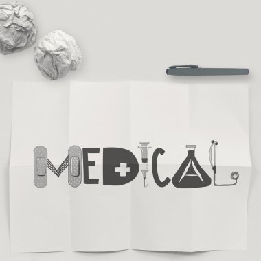 Tasarım tıbbi kelime üzerinde beyaz buruşuk kağıt ve doku backgro