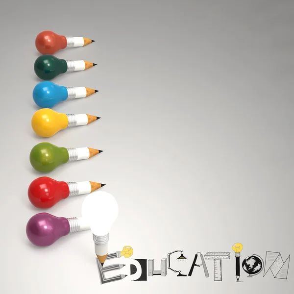 Diseño creativo dibujado a mano palabra EDUCACIÓN y bombilla 3d como — Foto de Stock