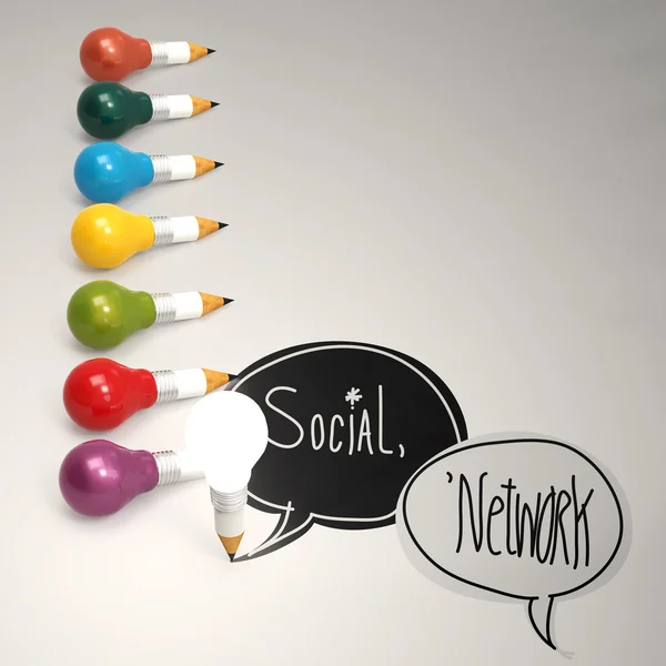 Design ordet sociala nätverk och penna glödlampa 3d som begrepp — Stockfoto