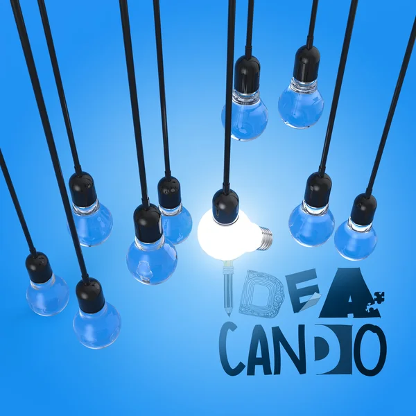 Parola grafica disegnata a mano IDEA CAN DO e lampadina 3d come concetto — Foto Stock