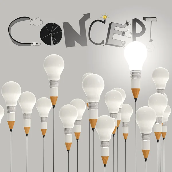 Matita lampadina 3d e parola di progettazione CONCEPT come concetto — Foto Stock