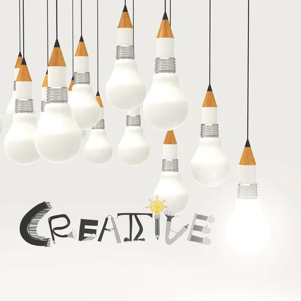 Matita lampadina 3d e parola di design CREATIVE come concetto — Foto Stock