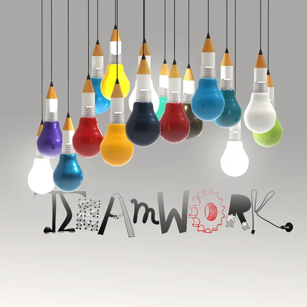 铅笔灯泡 3d 和设计词团队作为概念 — 图库照片