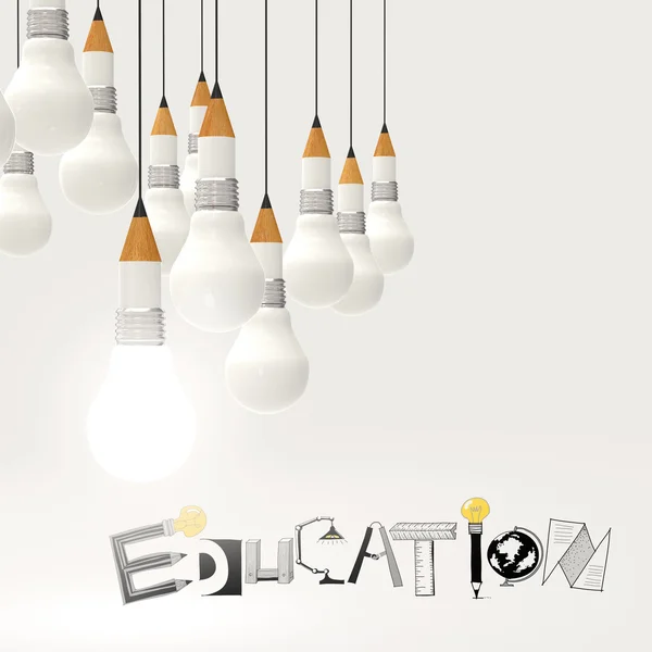 铅笔灯泡 3d 和设计教育词作为概念 — 图库照片