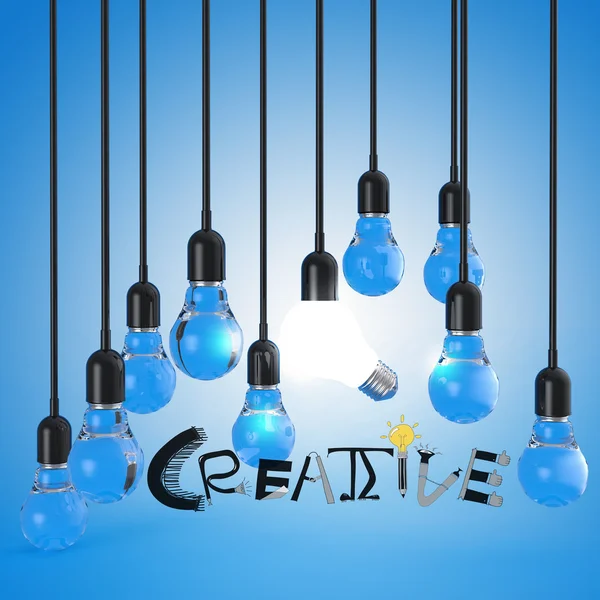 Lampadina 3d e parola di progettazione CREATIVE come concetto — Foto Stock