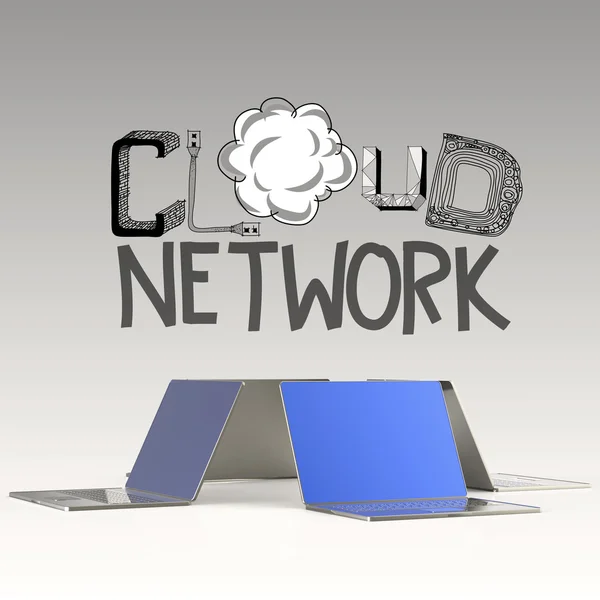 Progettazione parola disegnata a mano CLOUD NETWORK e laptop 3d come concetto — Foto Stock